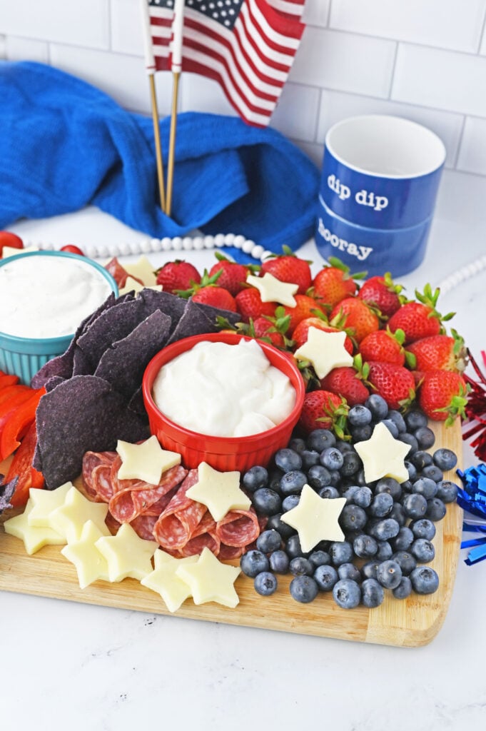 Easy patriotic snack board idea with berries, cheese, and crackers