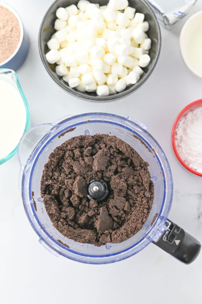 crushed oreo cookies in a food processor