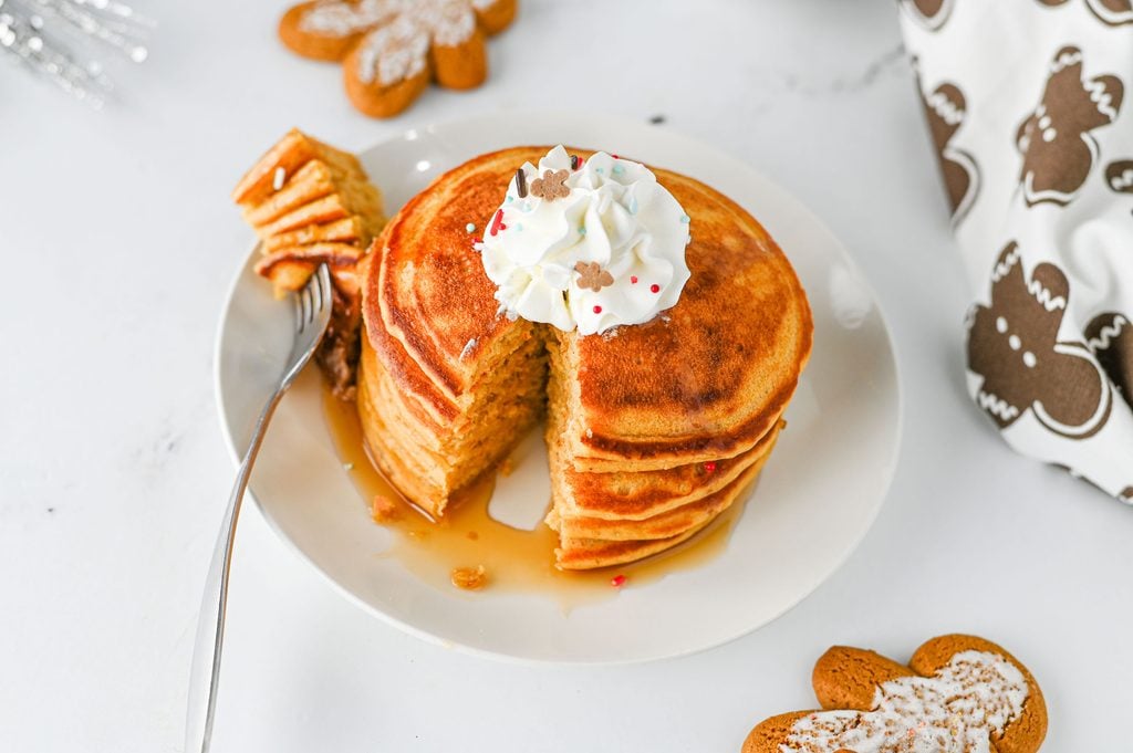 Homemade gingerbread pancakes perfect for Christmas morning breakfast.