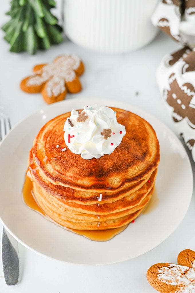 1. Homemade gingerbread pancakes served as a cozy holiday breakfast.