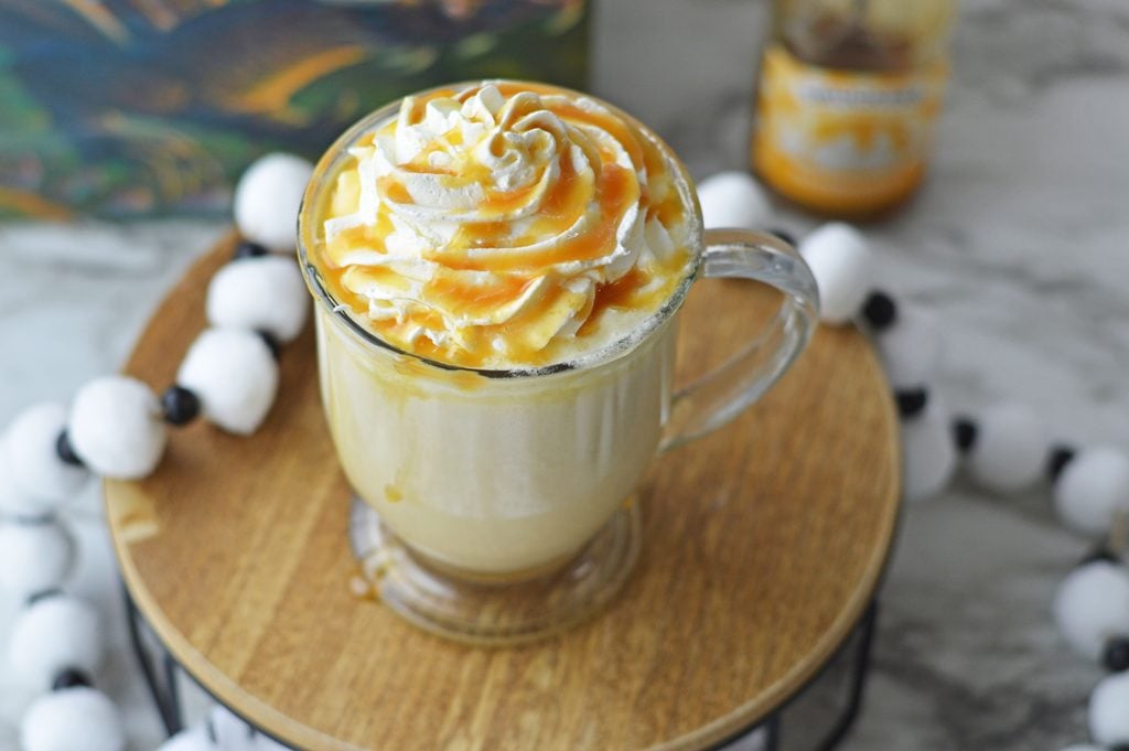 Easy hot butterbeer recipe made with cream soda, milk, brown sugar, and butterscotch.