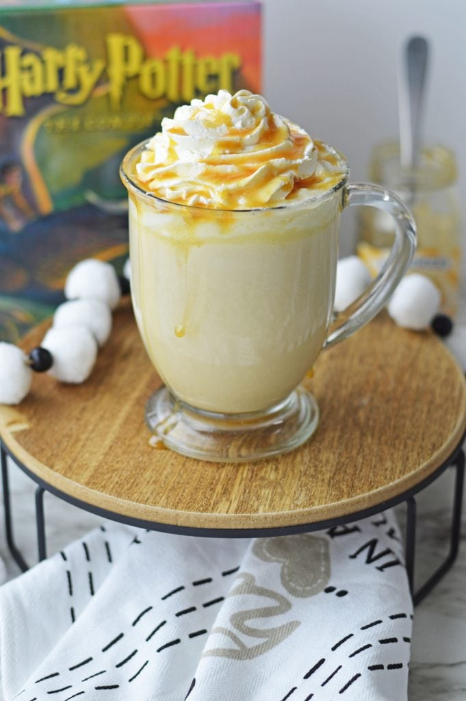 Homemade Harry Potter butterbeer served warm with a delicious butterscotch topping.