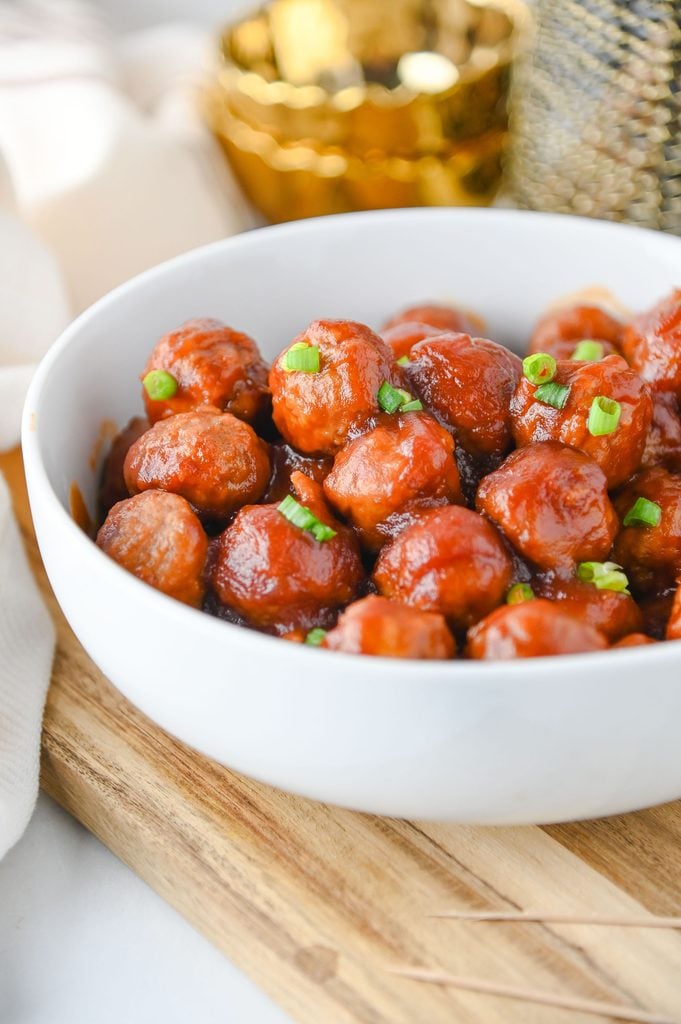 Sweet and savory cranberry meatballs ready to serve as an easy Christmas appetizer