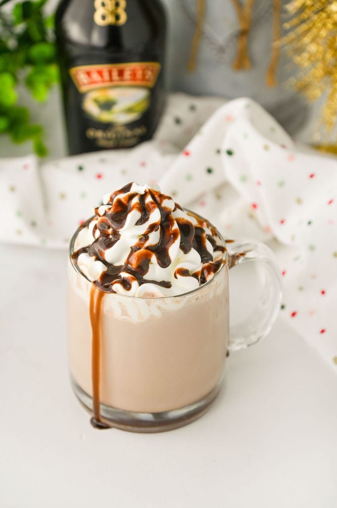 1. Delicious Irish cream hot chocolate with chocolate sauce and whipped cream.