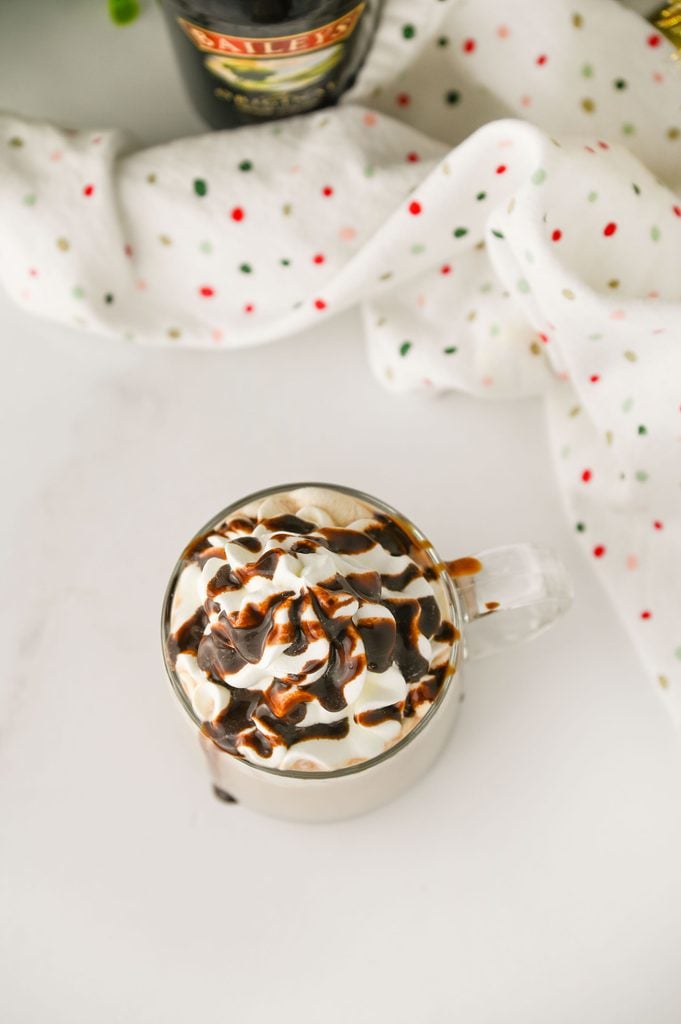 Homemade Baileys hot cocoa with fluffy whipped cream and chocolate drizzle.