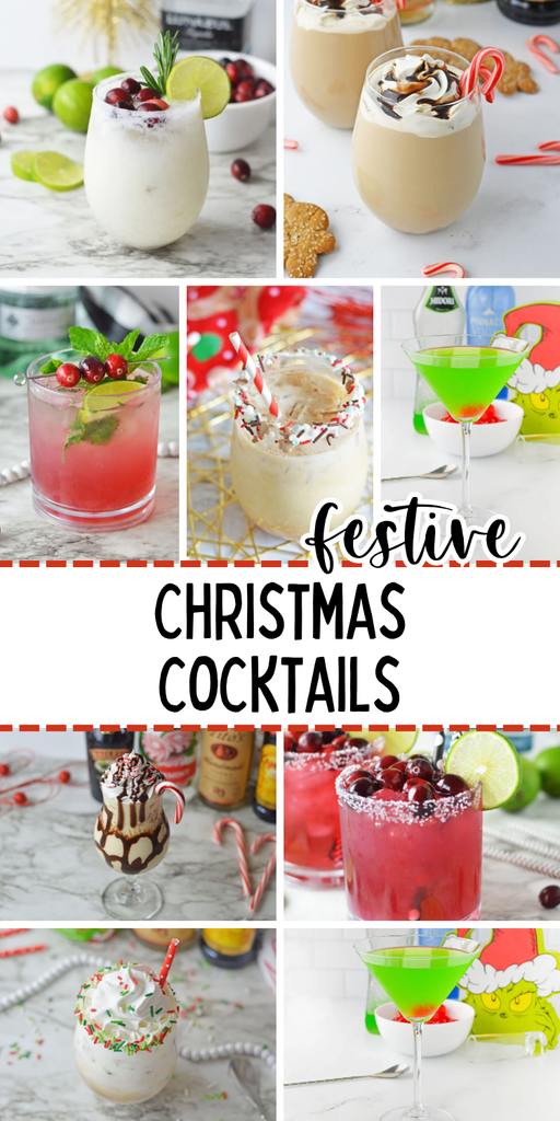 Collection of festive Christmas cocktails featuring colorful holiday drinks, creamy martinis, and seasonal garnishes perfect for Christmas parties.