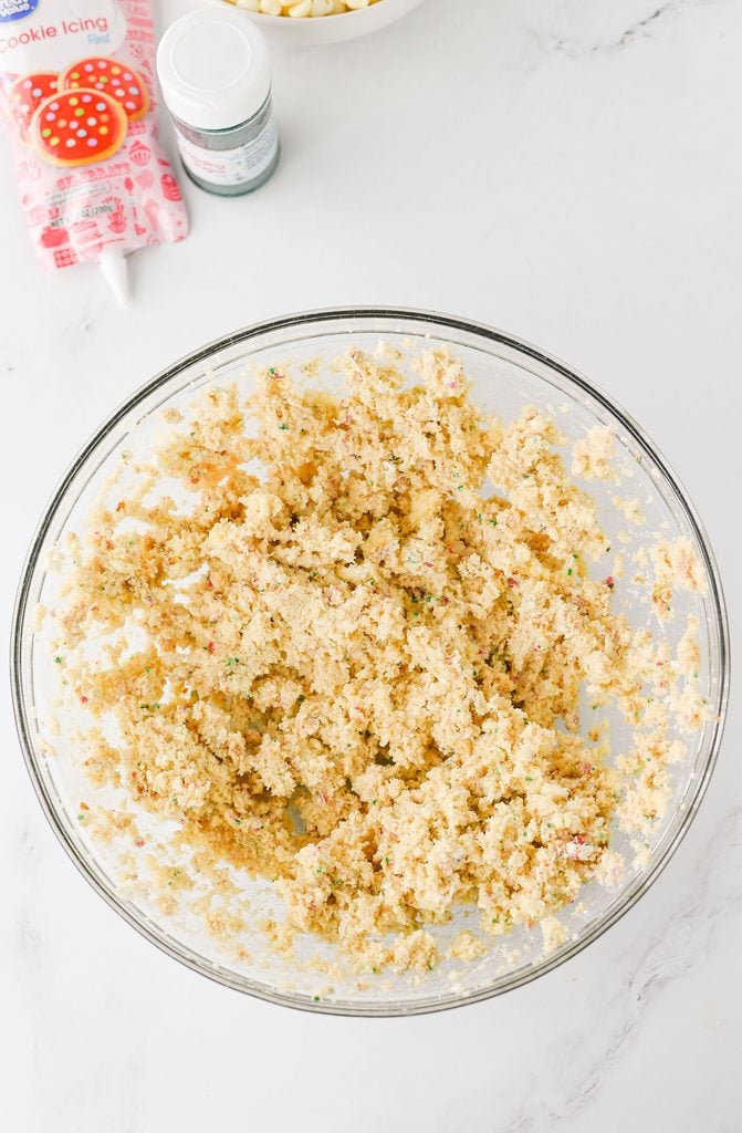 Christmas Tree Cake crumbs and cream cheese blended together to make truffle filling.