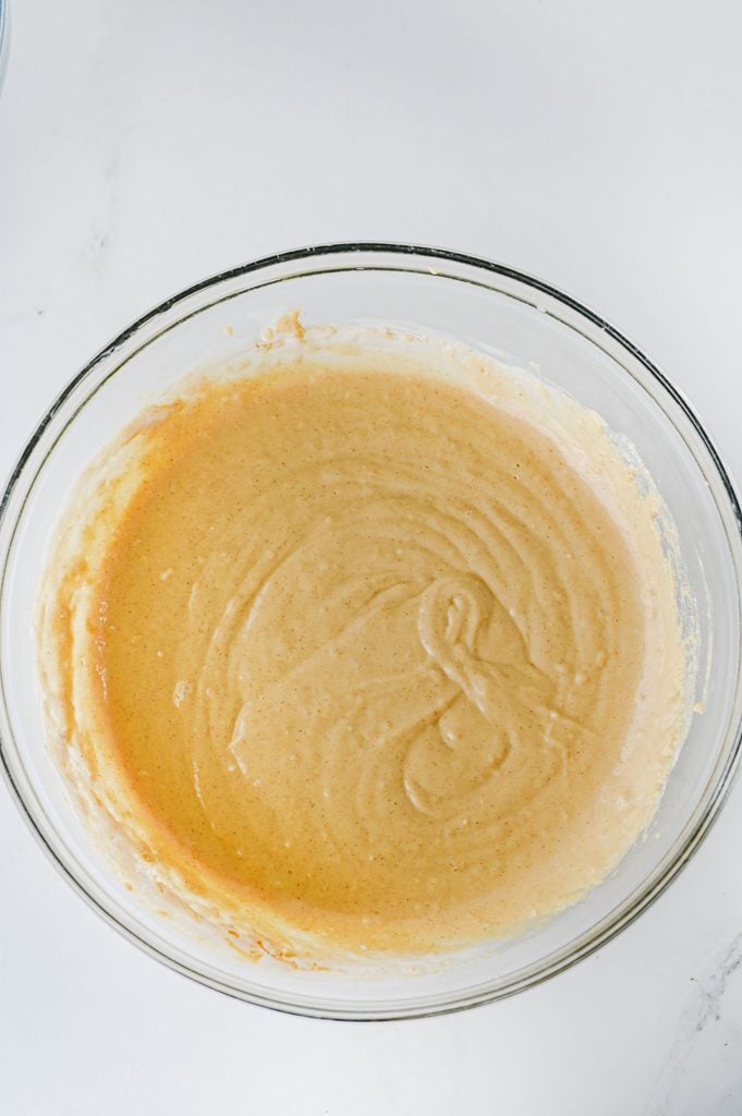 Gingerbread pancake batter mixed until just combined and ready to cook.